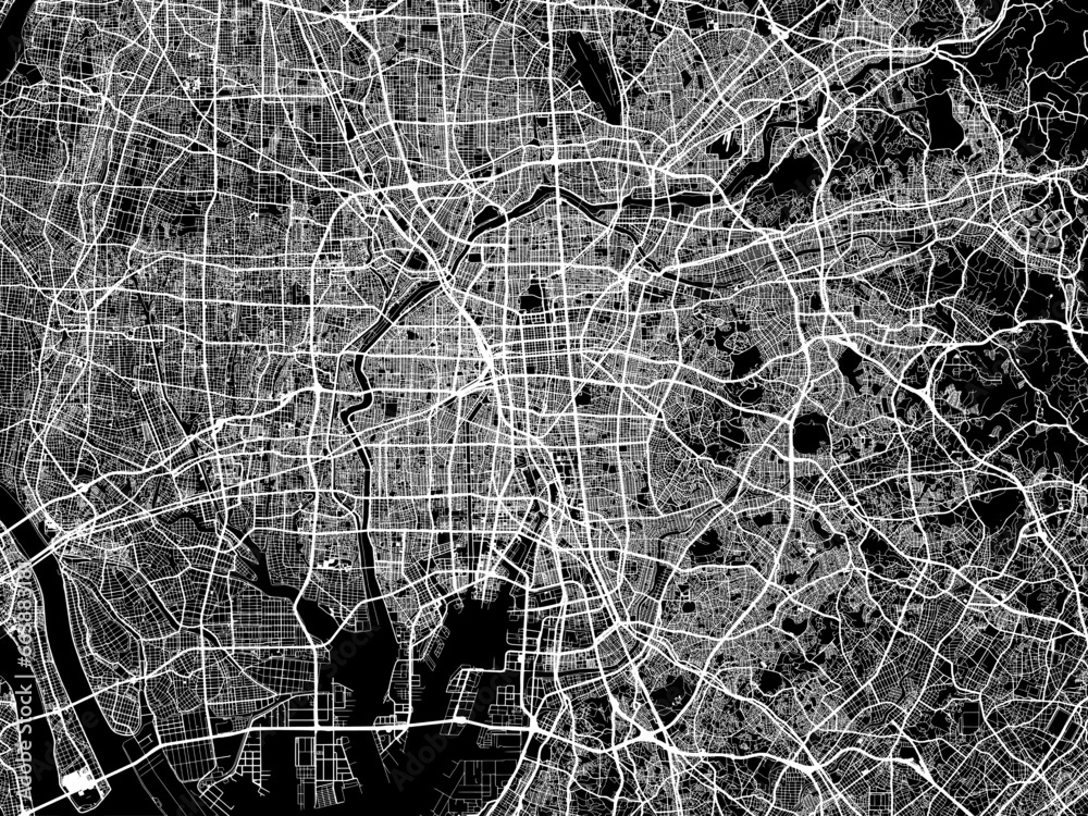 Vector road map of the city of  Nagoya in Japan with white roads on a black background.
