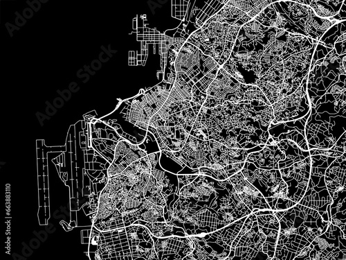Vector road map of the city of Naha in Japan with white roads on a black background.
