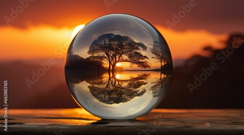 crystal ball reflecting a sunset in the background, with trees in the fore photo