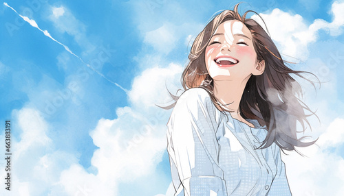 青空と笑顔の女性のイラスト