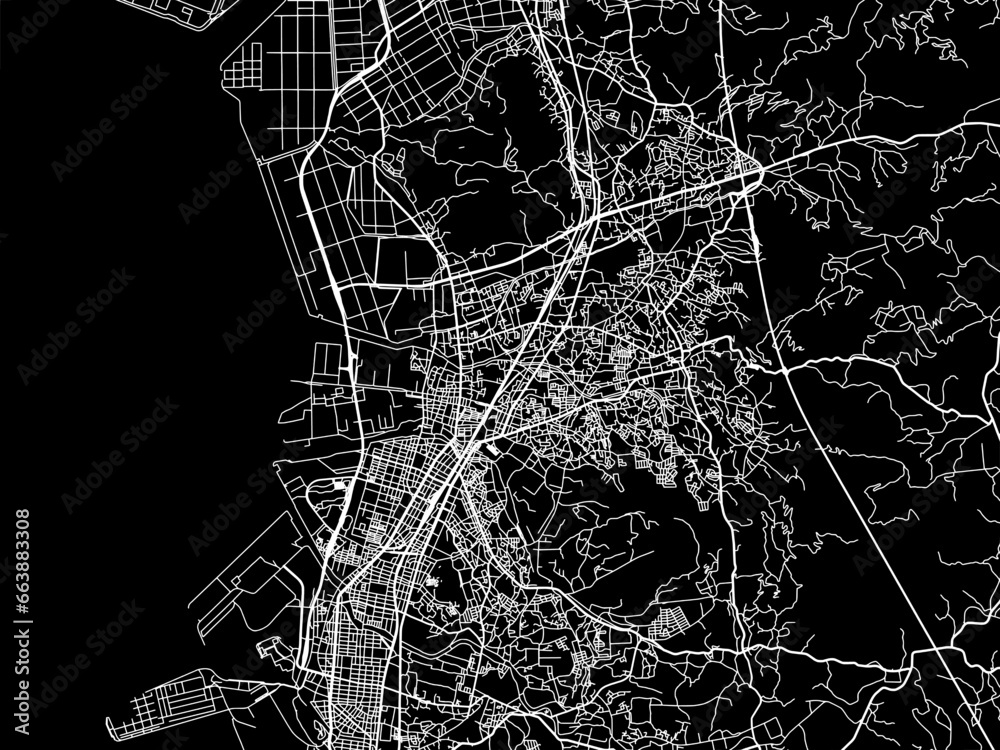 Vector road map of the city of  Omuta in Japan with white roads on a black background.
