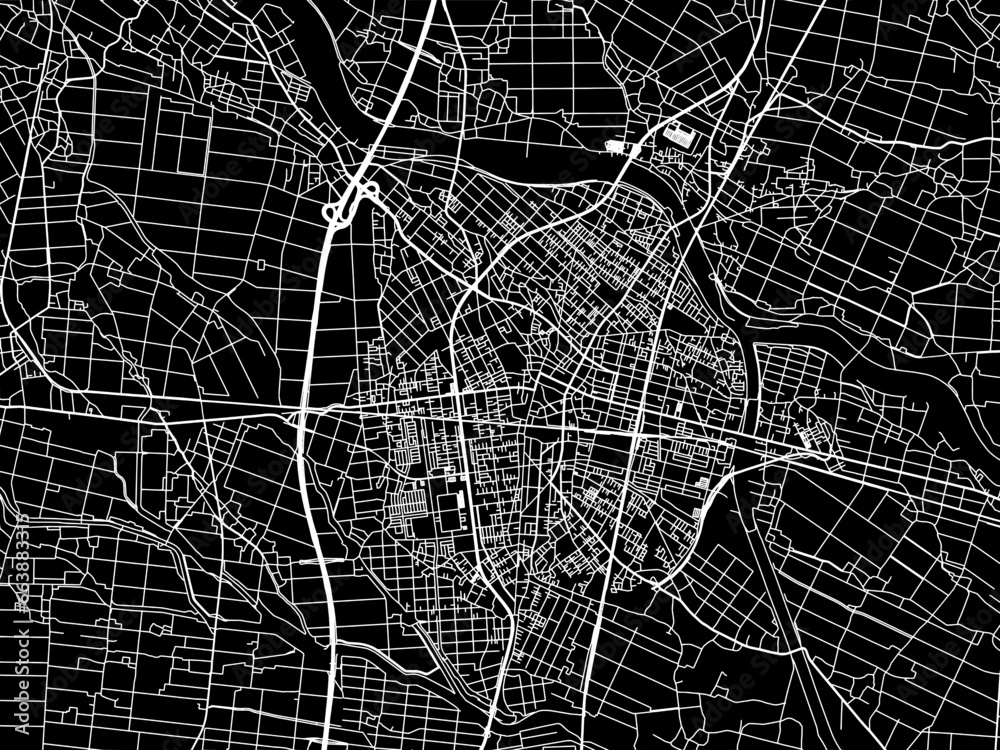 Vector road map of the city of  Osaki in Japan with white roads on a black background.