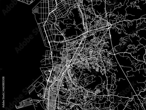 Vector road map of the city of Omuta in Japan with white roads on a black background.