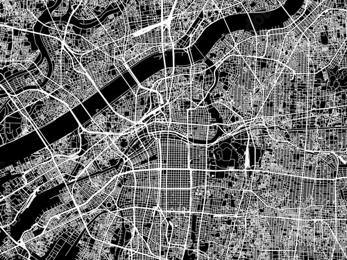 Vector road map of the city of  Osaka in Japan with white roads on a black background.