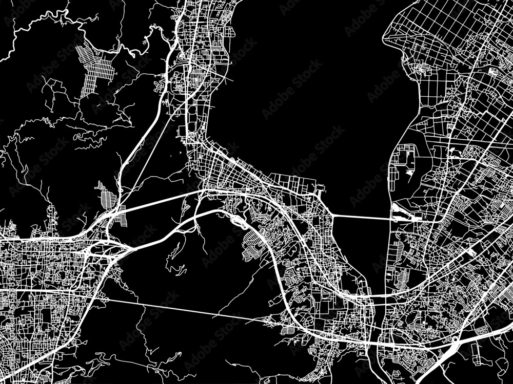 Vector road map of the city of  Otsu in Japan with white roads on a black background.