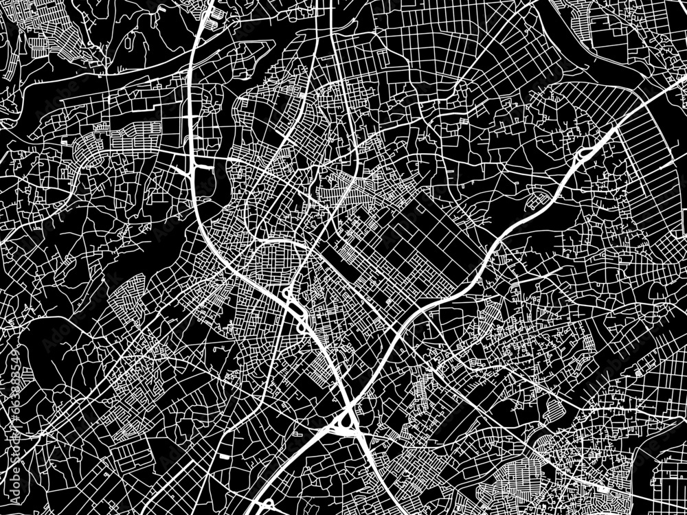 Vector road map of the city of  Sakado in Japan with white roads on a black background.