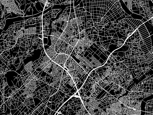 Vector road map of the city of Sakado in Japan with white roads on a black background.
