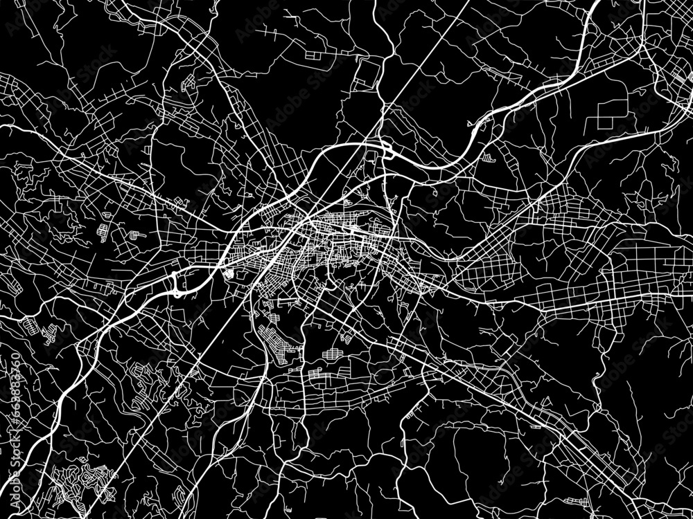Vector road map of the city of  Shirakawa in Japan with white roads on a black background.