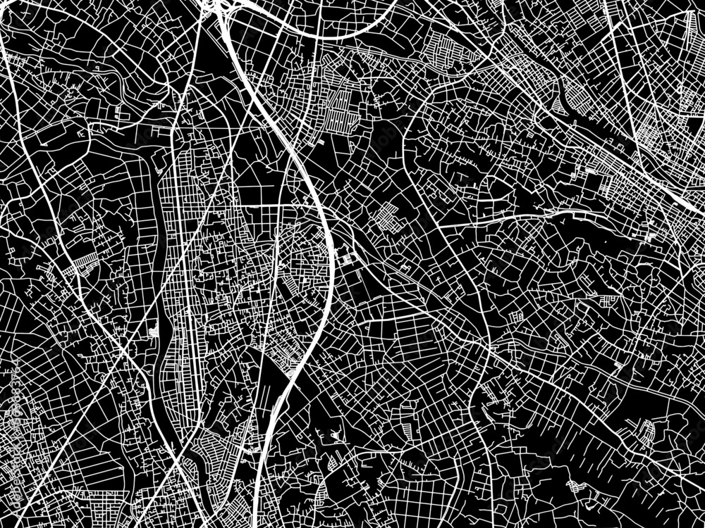Vector road map of the city of  Shiraoka in Japan with white roads on a black background.