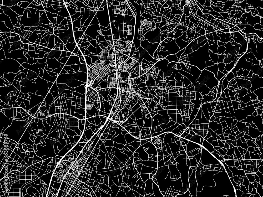 Vector road map of the city of  Sukagawa in Japan with white roads on a black background.