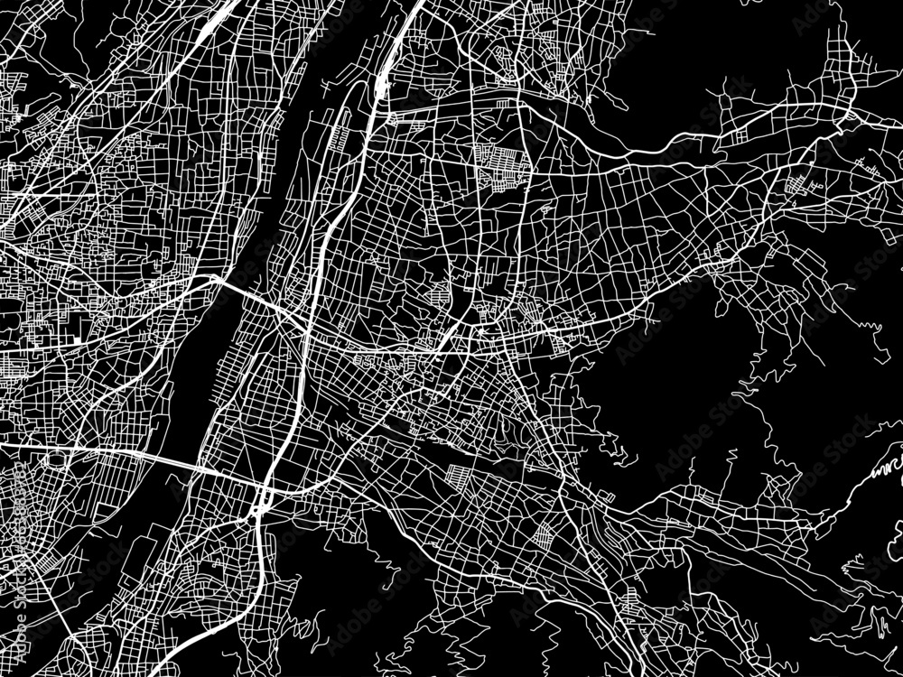 Vector road map of the city of  Suzaka in Japan with white roads on a black background.