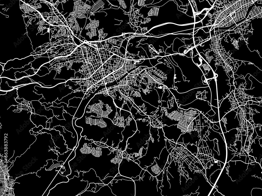 Vector road map of the city of  Tajimi in Japan with white roads on a black background.