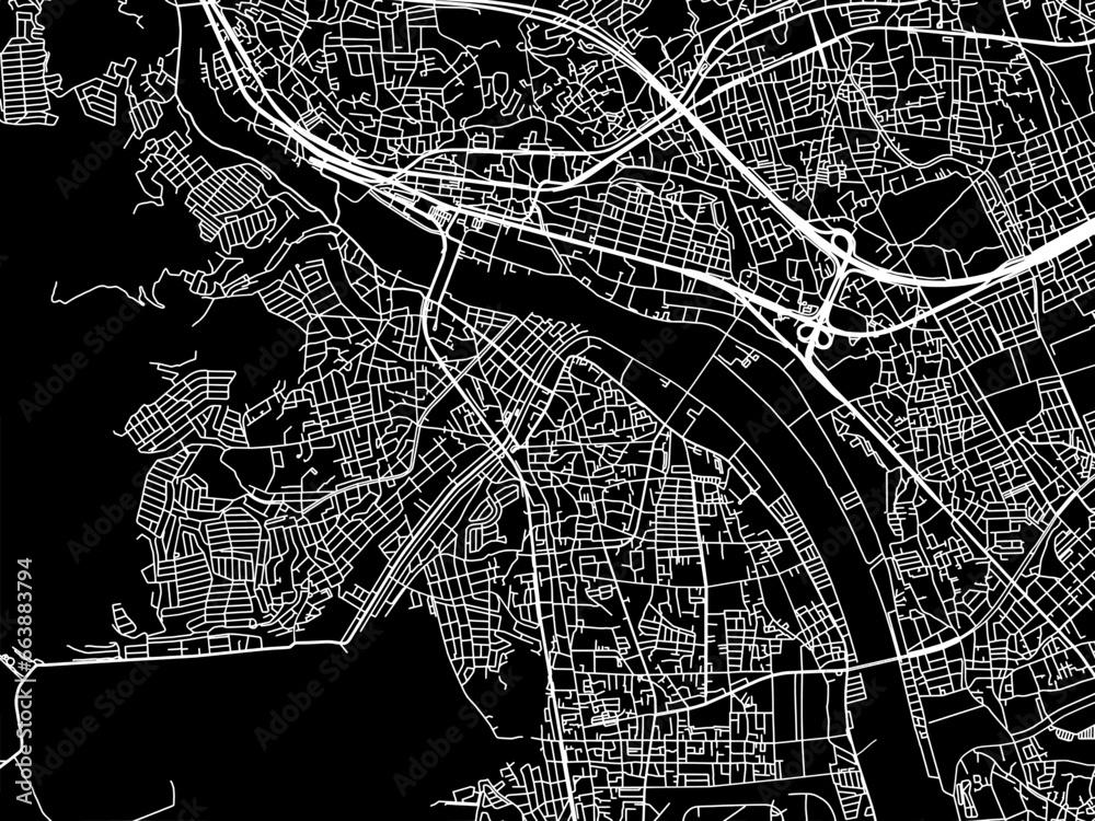 Vector road map of the city of  Takarazuka in Japan with white roads on a black background.