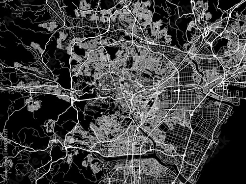 Vector road map of the city of Sendai in Japan with white roads on a black background.