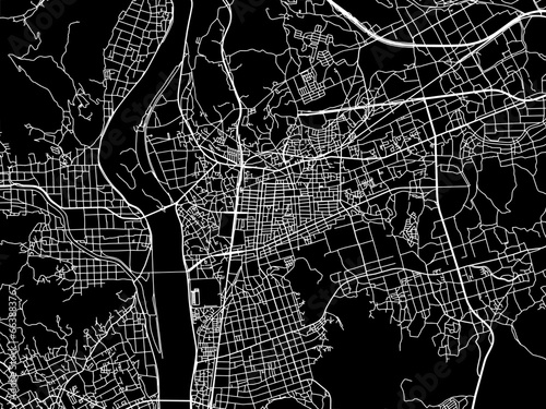 Vector road map of the city of  Soja in Japan with white roads on a black background.
