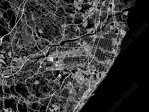 Vector road map of the city of Suzuka in Japan with white roads on a black background.