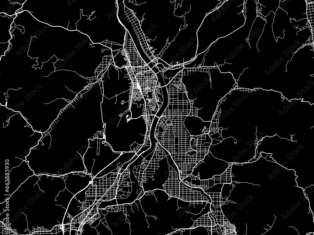 Vector road map of the city of Toyooka in Japan with white roads on a black background. Vector road map of the city of Toyooka in Japan with white roads on a black background.
