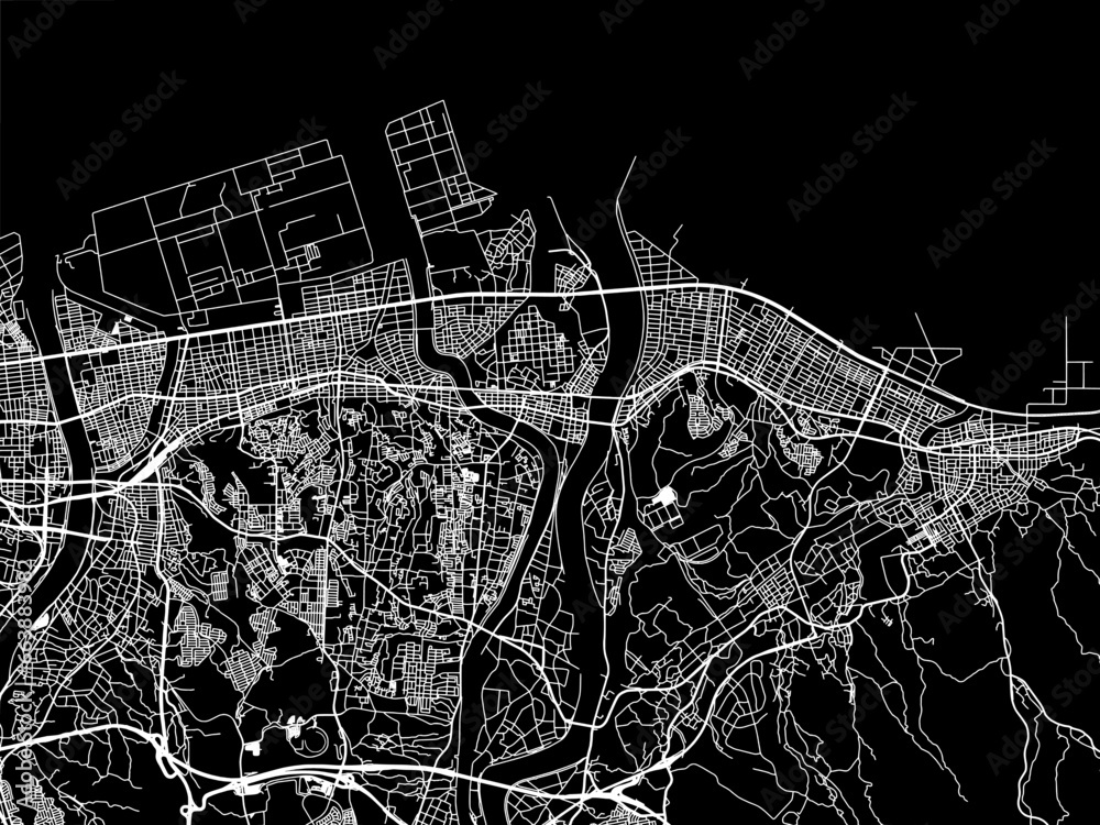 Vector road map of the city of  Tsurusaki in Japan with white roads on a black background.