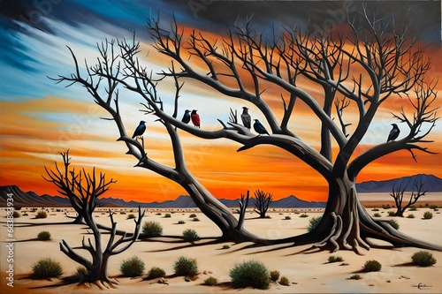  tree and birds in the desert 