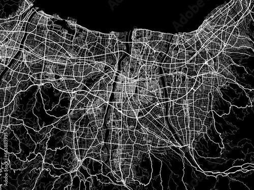 Vector road map of the city of  Toyama in Japan with white roads on a black background.