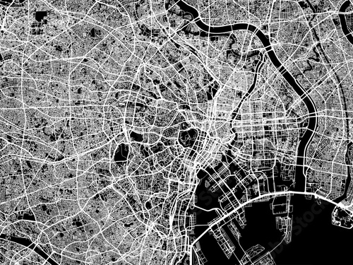 Vector road map of the city of  Tokyo in Japan with white roads on a black background.