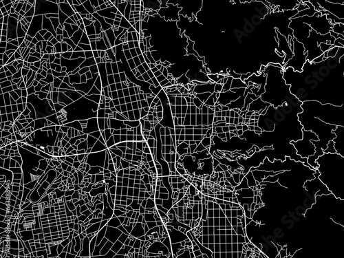 Vector road map of the city of  Tsukuba in Japan with white roads on a black background.