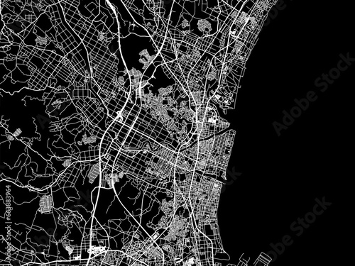 Vector road map of the city of Tsu in Japan with white roads on a black background.