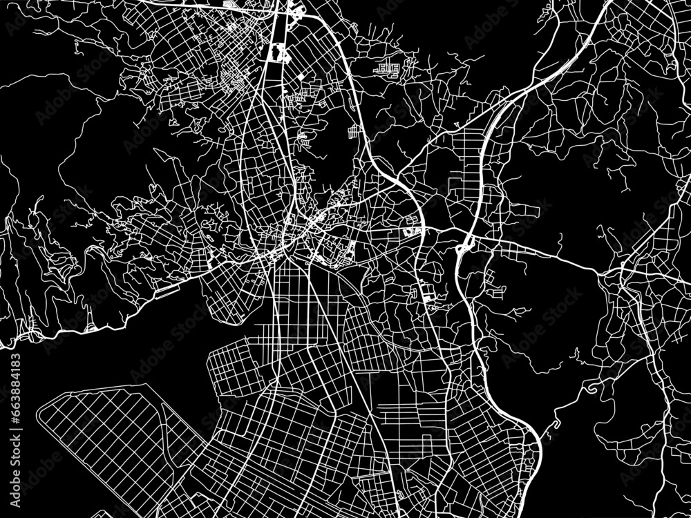 Vector road map of the city of  Uki in Japan with white roads on a black background.