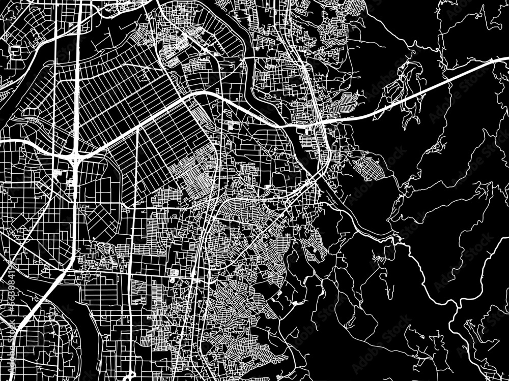Vector road map of the city of  Uji in Japan with white roads on a black background.