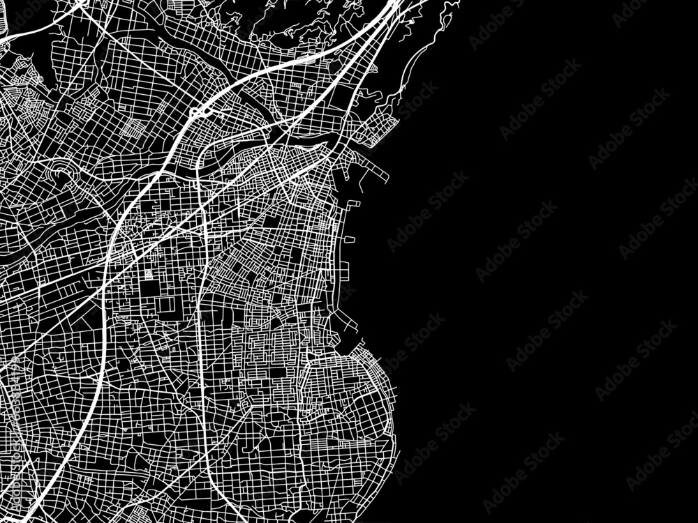 Vector road map of the city of  Yaizu in Japan with white roads on a black background.