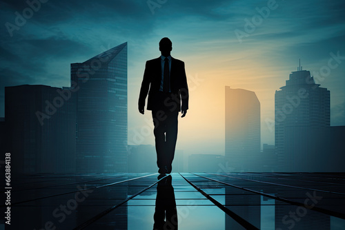 Silhouette of business man following his ambitions. AI Generative photo