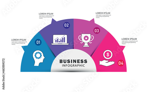 Business infographic semicircle template with 4 options. Can be used as a chart, workflow layout, diagram, data visualization