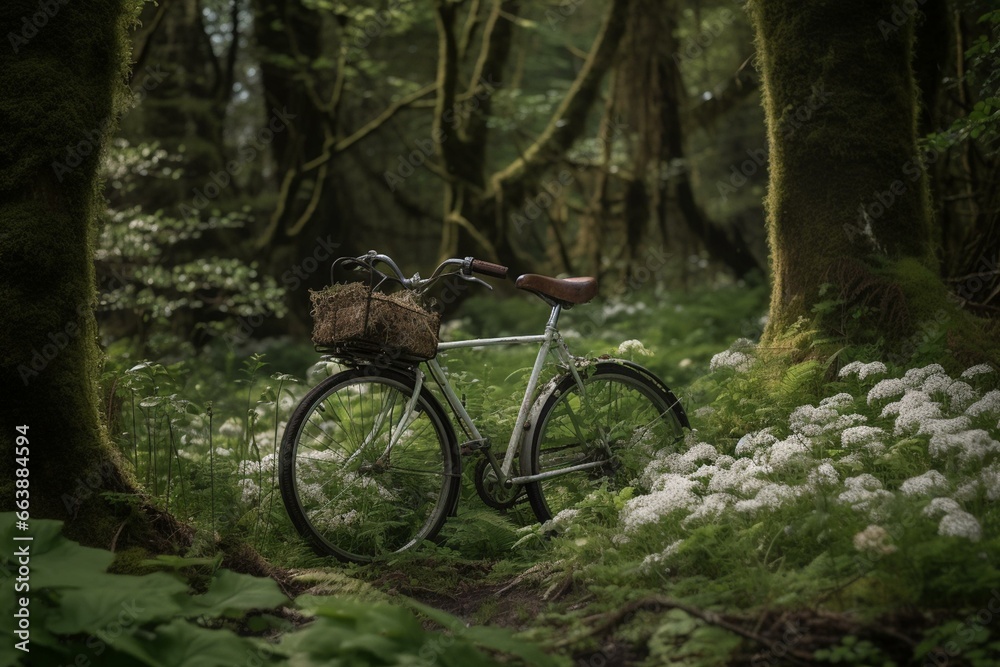 Bicycle parked in mossy woods, surrounded by white flowers, trees in background. Generative AI