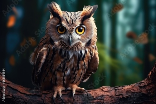 An owl perched on a tree branch. This image can be used to depict nature, wildlife, or the beauty of birds in their natural habitat.