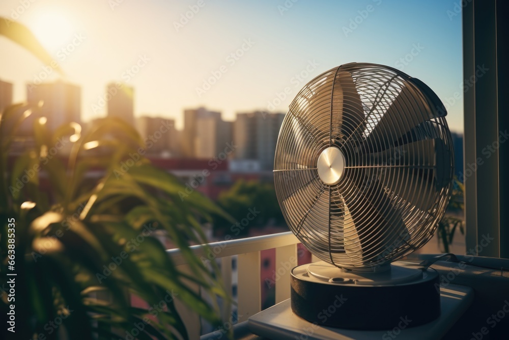 A compact tabletop fan sits on a table next to a window, providing a cool breeze on a sunny day. 