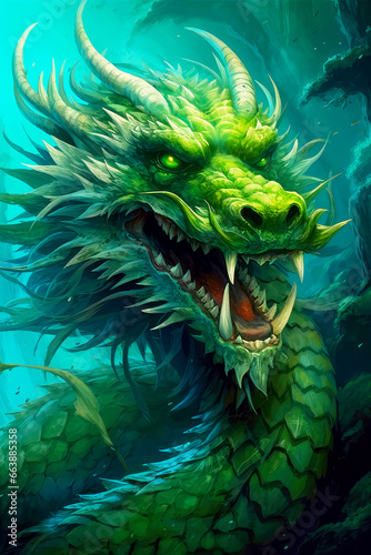 Green fantasy dragon. Chinese New Year 2024 zodiac sign, year of the Dragon. Mythological creature. Illustration of fantastic monster for postcard, book, poster, banner.