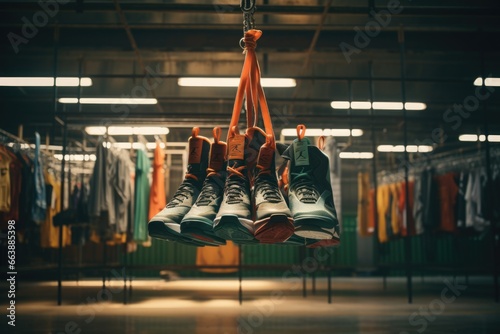 A pair of shoes hanging from a hook. This versatile image can be used to represent concepts such as organization, storage, fashion, or even the idea of leaving one's mark.