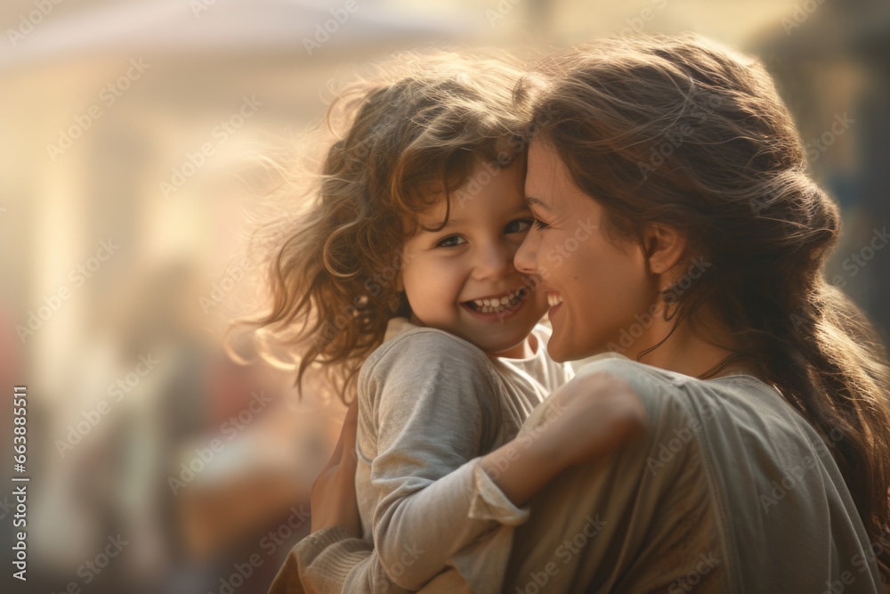 A woman is seen holding a little girl in her arms. 