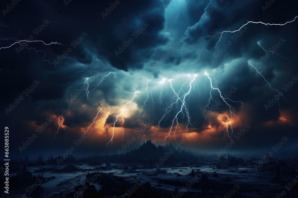 A powerful image of a dark sky with lightning bolts shooting out of it. Perfect for adding drama and intensity to any project. - obrazy, fototapety, plakaty 