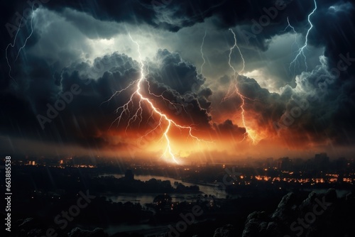 A dramatic image of a lightning storm illuminating the night sky over a bustling city. 