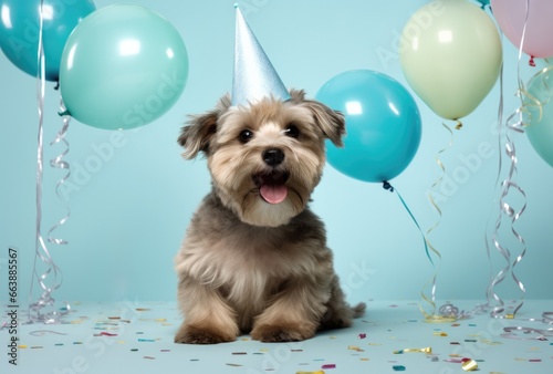 Happy furry puppy in a cap and balloons at a birthday party