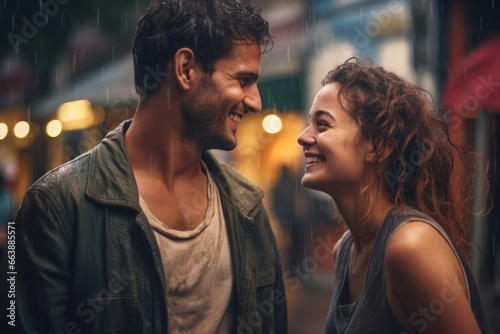 A picture of a man and a woman standing together in the rain. Suitable for illustrating love, togetherness, or weather-related concepts.