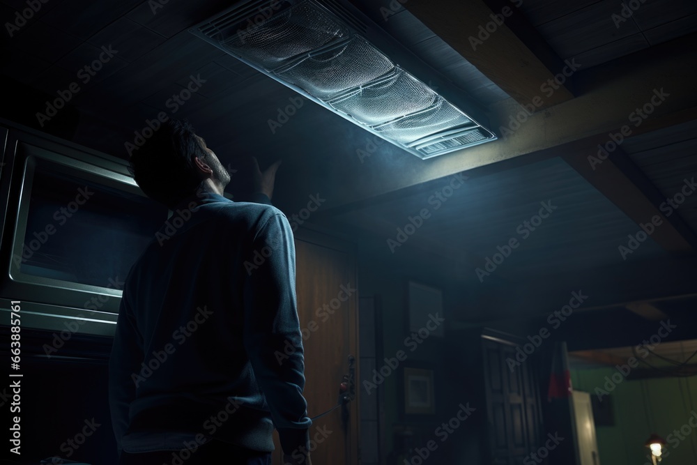 A man standing in front of a microwave in a dark room. This image can be used to depict a late-night snack or a person preparing a meal in low light conditions A man standing in front of a microwave in a dark room. This image can be used to depict a late-night snack or a person preparing a meal in low light conditions