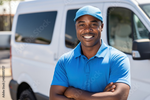 smiling african american deliveryman standing in front of delivery van. transport and logistics services photo