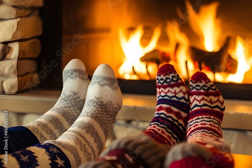 Feet in Wool Socks Near Fireplace in Winter Time.