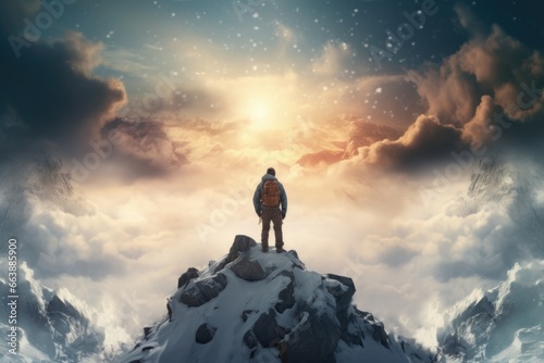 A man standing on top of a snow-covered mountain. Perfect for outdoor adventure or winter landscape themes