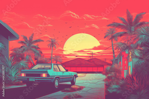 Vintage car parked on asphalt road near tropical palms and amazing sundown sky. Generative AI. Risograph style photo
