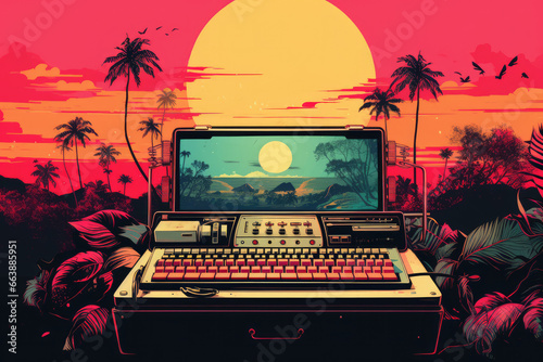 Vintage rare computer with keyboard and mouse placed on table near tropical landscape at sunset. Generative AI. Risograph style photo