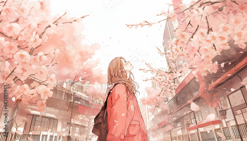 桜と街と遠くを見る女性