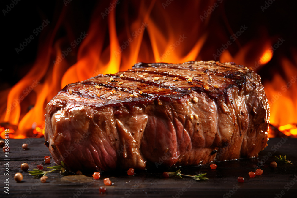delicious filet steak cooking process and shows the steak at its most flavorful moment - obrazy, fototapety, plakaty 